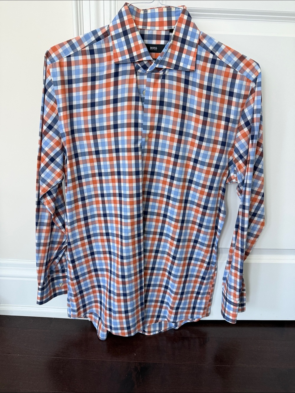BOSS Cotton Orange and Blue Plaid Casual Button-Down Shirt